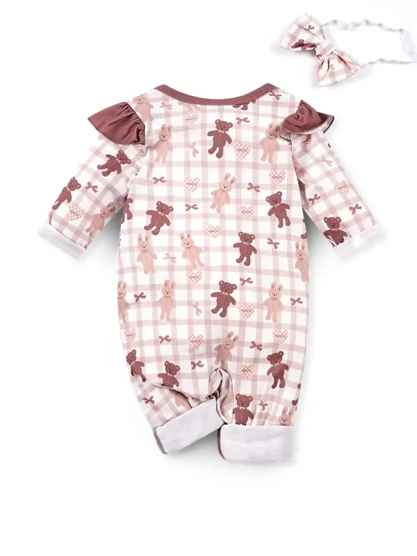 LULUKAKA 2pcs Baby Girls Romper Set, Cartoon Bear & Rabbit Print, Long Sleeve Ruffle Trim Onesie with Headband, Casual All-Season Knit Fabric, 95% Polyester 5% Spandex, Medium Stretch, for Outdoor