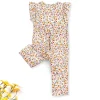 LULUKAKA Girls' Floral Print Romper with Ruffle Sleeves and Round Neck, Polyester Spandex Blend, Machine Washable - Newborn Baby Clothes, Yellow Flower, One Piece, Children's Clothing, Perfect for Outdoor
