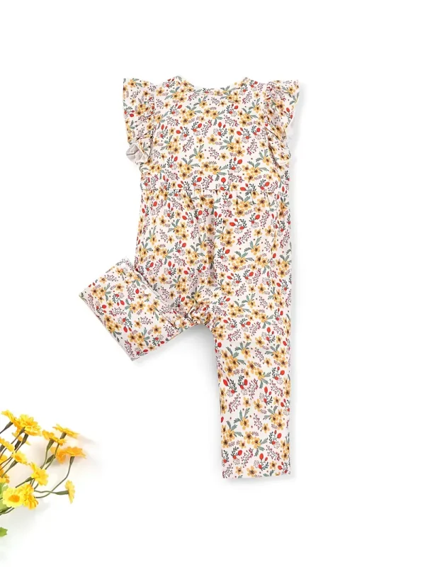 LULUKAKA Girls' Floral Print Romper with Ruffle Sleeves and Round Neck, Polyester Spandex Blend, Machine Washable - Newborn Baby Clothes, Yellow Flower, One Piece, Children's Clothing, Perfect for Outdoor
