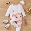 LULUKAKA Adorable Cartoon Cow & Floral Print Long-Sleeve Romper for Baby Girls - Soft Polyester Blend, Machine Washable, Perfect for Outdoor