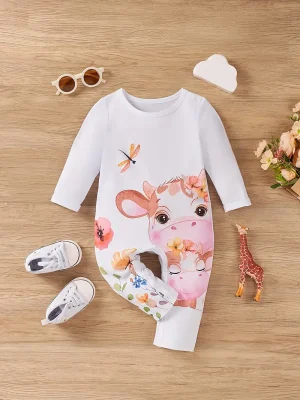 LULUKAKA Adorable Cartoon Cow & Floral Print Long-Sleeve Romper for Baby Girls - Soft Polyester Blend, Machine Washable, Perfect for Outdoor