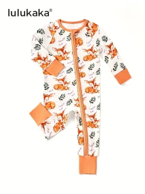 LUKAKA Newborn Baby Boys and Girls Casual Bamboo Fiber Tight Fit Zipper One-Piece Pajamas Cartoon Elk Pattern Printed One-Piece Pants Boys and Girls Bamboo Fiber Clothes