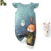 LULUKAKA Cute Cartoon Rabbit Print Romper for Newborns, Polyester Knit Fabric, Regular Fit, with Ruffle Sleeves and Elastic Waist, for All-Season Babywear, for Outdoor