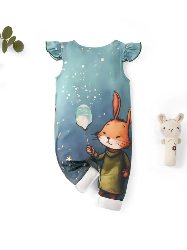 LULUKAKA Cute Cartoon Rabbit Print Romper for Newborns, Polyester Knit Fabric, Regular Fit, with Ruffle Sleeves and Elastic Waist, for All-Season Babywear, for Outdoor