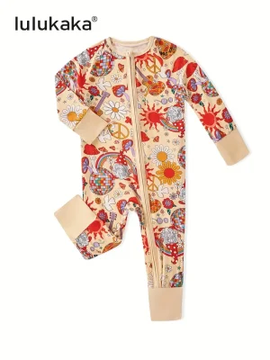 LULUKAKA Baby Girls' Bamboo Fiber Romper, Cute Daisy & Sun Cartoon Print, Long Sleeve Crew Neck Skinny Fit All-Season Knitwear with Zipper, for Outdoor