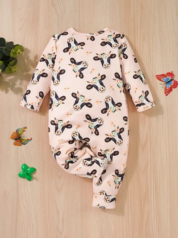 1pc LULUKAKA Cute Cartoon Cow Print Long Sleeve Baby Girls Romper, Casual Polyester Knit Fabric with Slight Stretch, Regular Fit Front Snap Closure for Fall/Winter, for Outdoor