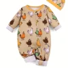 LULUKAKA Boys' Cute Cartoon Chick Print Zip-Up Long Sleeve Romper with Matching Hat - Soft Polyester Blend, Machine Washable, Perfect for Outdoor