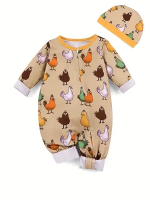 LULUKAKA Boys' Cute Cartoon Chick Print Zip-Up Long Sleeve Romper with Matching Hat - Soft Polyester Blend, Machine Washable, Perfect for Outdoor