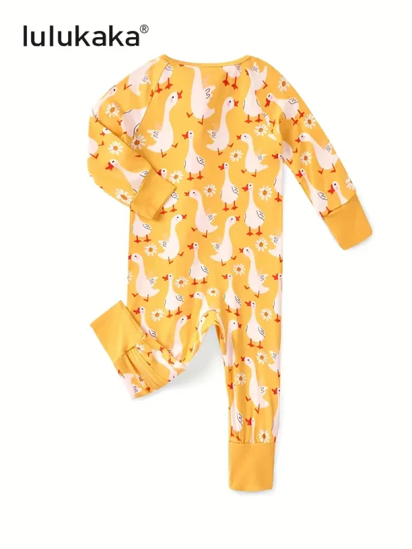 LUKAKA Newborn Baby Boy and Girl Casual Bamboo Fiber Tight Zipper One-Piece Clothes Yellow Pastoral Style Series Duck Pattern Children's One-Piece Trousers Boys and Girls Bamboo Fiber Clothes, Perfect for Outdoor