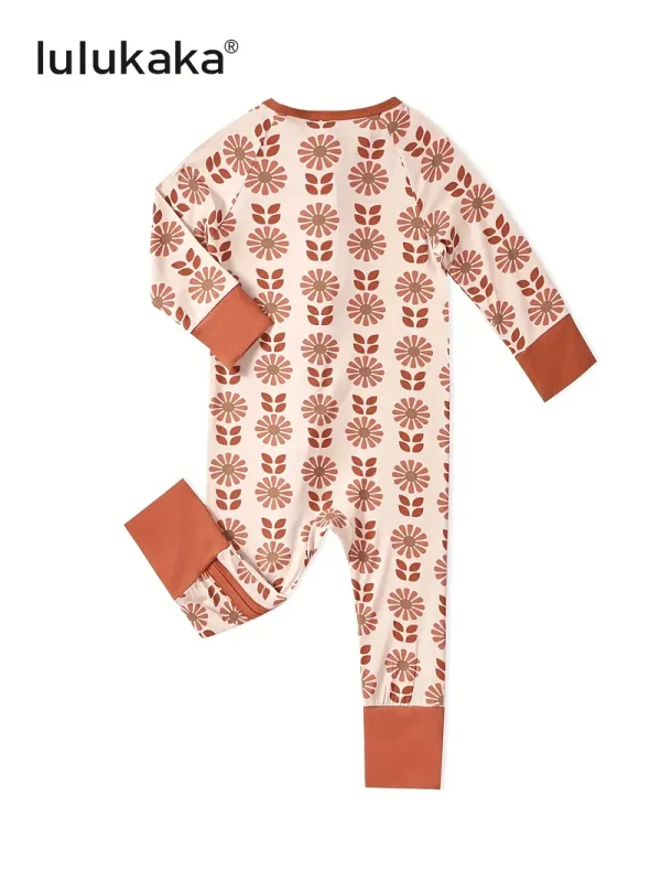 1pc LULUKAKA Baby Girls Soft Fiber Bodysuit, Floral Print Zipper Romper, Casual Knitted Fabric, Round Neck, Stretch Fit, for All-Season Sleepwear
