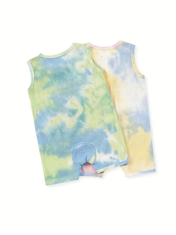 2pcs LULUKAKA Baby Girls' Rib Knit Romper, Casual Tie-Dye Onesie, All-Season Stretch Fabric, Regular Fit, with Knit Fabric for Newborn to 12 Months, for Outdoor