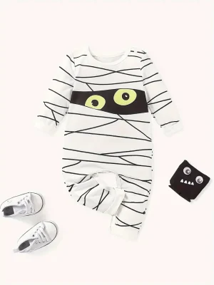 LULUKAKA Boys' Cute Cartoon Mummy Bandage Print Long Sleeve Romper, Polyester Knit Fabric, Regular Fit, for Fall/Winter, for Outdoor