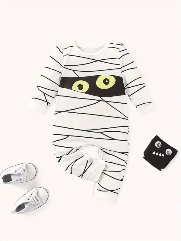 LULUKAKA Boys' Cute Cartoon Mummy Bandage Print Long Sleeve Romper, Polyester Knit Fabric, Regular Fit, for Fall/Winter, for Outdoor