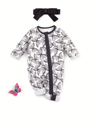 LULUKAKA Girls' Butterfly Print Long-Sleeve Romper with Matching Headband - Soft Polyester Blend, Machine Washable, Perfect for Outdoor