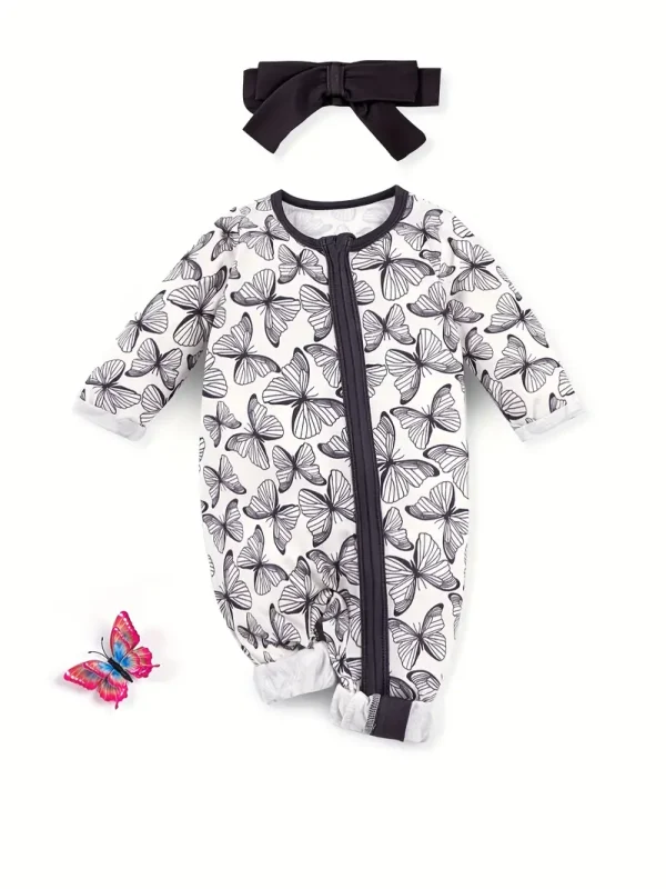 LULUKAKA Girls' Butterfly Print Long-Sleeve Romper with Matching Headband - Soft Polyester Blend, Machine Washable, Perfect for Outdoor