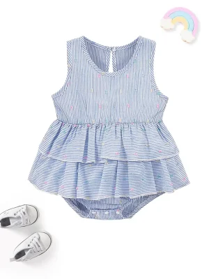 1pc LULUKAKA Baby Girls' Sleeveless Striped Print Romper, Casual Polyester Knit Fabric, Round Neck with Waterdrop Buckle, Regular Fit Infant Bodysuit, for Outdoor