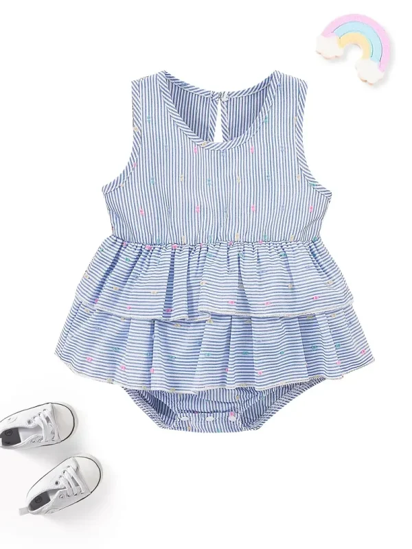 1pc LULUKAKA Baby Girls' Sleeveless Striped Print Romper, Casual Polyester Knit Fabric, Round Neck with Waterdrop Buckle, Regular Fit Infant Bodysuit, for Outdoor