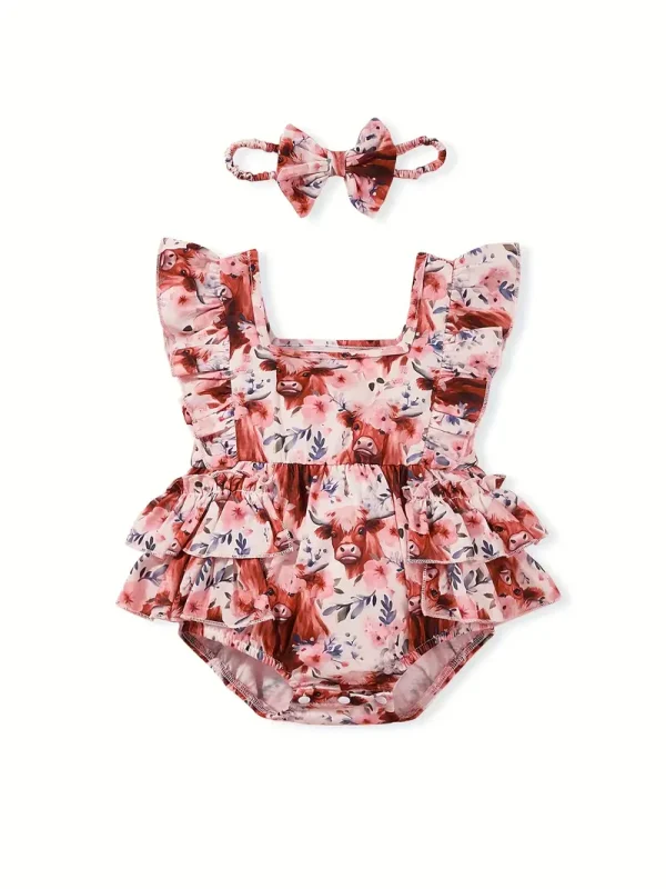 LULUKAKA Adorable Bull Print Ruffle Sleeve Romper Dress & Headband Set for Baby Girls - Soft Polyester Blend, Machine Washable, LULUKAKA, Perfect for Outdoor
