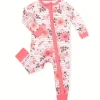 LULUKAKA Girls' Floral Print Long Sleeve Romper - 95% Bamboo Fiber, 5% Spandex, Skinny Fit, All-Season Knit Fabric, Crew Neck Zipper Onesie with Long Legs, for Outdoor