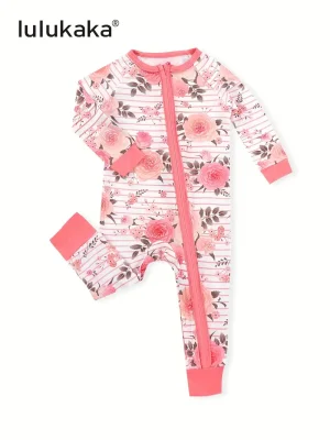 LULUKAKA Girls' Floral Print Long Sleeve Romper - 95% Bamboo Fiber, 5% Spandex, Skinny Fit, All-Season Knit Fabric, Crew Neck Zipper Onesie with Long Legs, for Outdoor
