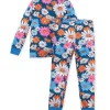 1set LULUKAKA Girls' Floral Print Pajama Set, Casual Round Neck Long Sleeve and Tights with Hand-Painted Daisy Pattern, Knitted Polyester and Spandex Blend, All-Season Comfort.