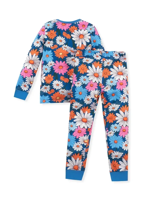 1set LULUKAKA Girls' Floral Print Pajama Set, Casual Round Neck Long Sleeve and Tights with Hand-Painted Daisy Pattern, Knitted Polyester and Spandex Blend, All-Season Comfort.
