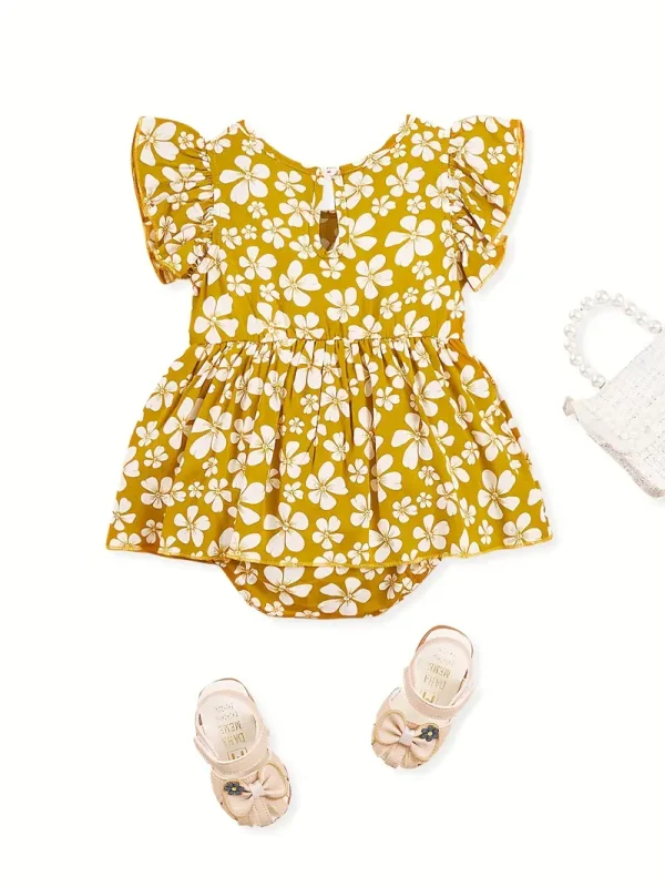 1pc LULUKAKA Baby Girls Floral Print Romper - Casual Style Rayon/Viscose Woven Jumpsuit with Round Neck and Water Drop Buckle - Regular Fit Spring/Fall Infant Outfit, for Outdoor