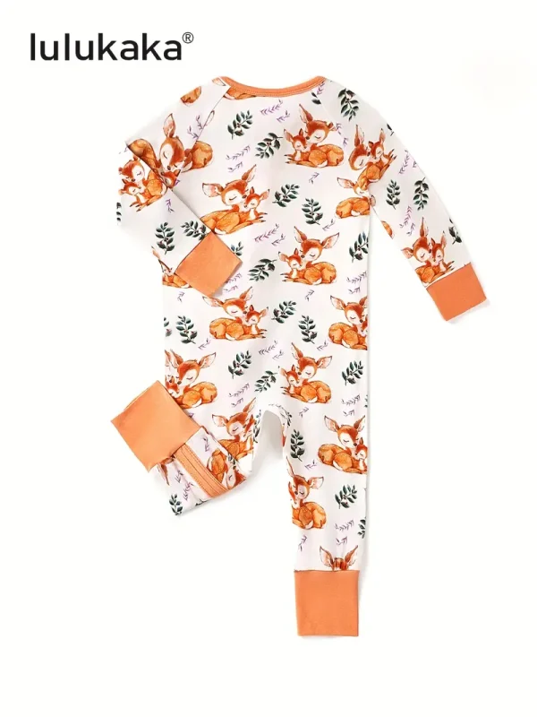 LUKAKA Newborn Baby Boys and Girls Casual Bamboo Fiber Tight Fit Zipper One-Piece Pajamas Cartoon Elk Pattern Printed One-Piece Pants Boys and Girls Bamboo Fiber Clothes