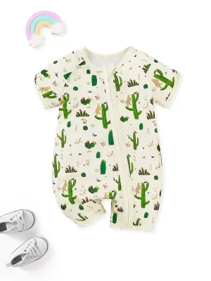 LULUKAKA Baby Girls' Cactus Print Romper, Polyester Knit Fabric, Casual Style, Slight Stretch, All-Season Floral Pattern, Regular Fit, with Zipper for 0-12 Months, for Outdoor