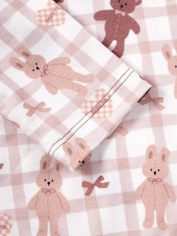 LULUKAKA 2pcs Baby Girls Romper Set, Cartoon Bear & Rabbit Print, Long Sleeve Ruffle Trim Onesie with Headband, Casual All-Season Knit Fabric, 95% Polyester 5% Spandex, Medium Stretch, for Outdoor