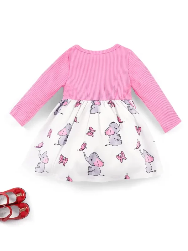 [1pc Toddler Elephant Print Dress] LULUKAKA Toddler Casual Dress, Polyester Knit Fabric, Long Sleeve Crew Neck, Cartoon Elephant Print, with Bow Detail, for Fall/Winter Playwear