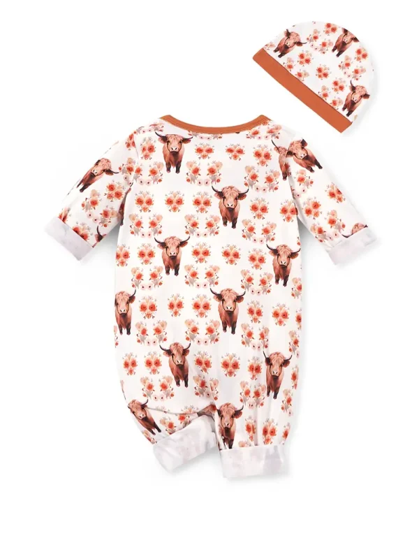 LULUKAKA Two-Piece Set for Newborns, Unisex Baby Zipper Onesie with a Cow Print Pattern, Includes a Zipper Onesie And a Hat, for Outdoor