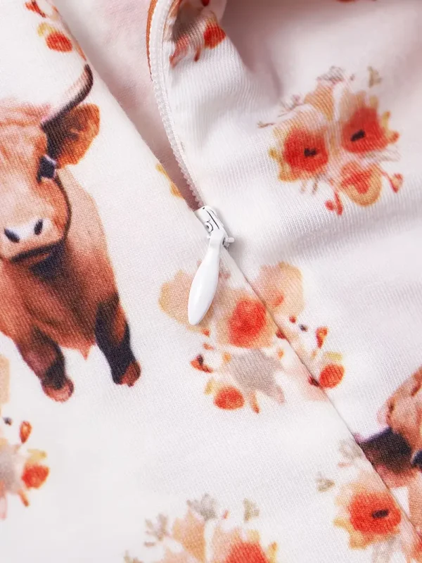 LULUKAKA Two-Piece Set for Newborns, Unisex Baby Zipper Onesie with a Cow Print Pattern, Includes a Zipper Onesie And a Hat, for Outdoor