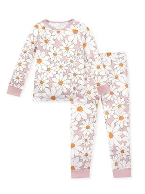 LULUKAKA Cozy Daisy & Petal Print Girls' Pajama Set - Stretchy Polyester Long Sleeve Top & Pants with Pink Accents, Machine Washable, All-Season Comfort for Newborns to Toddlers, Toddler Pajamas