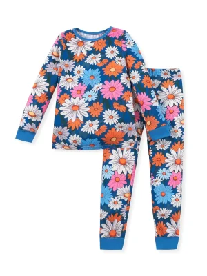 1set LULUKAKA Girls' Floral Print Pajama Set, Casual Round Neck Long Sleeve and Tights with Hand-Painted Daisy Pattern, Knitted Polyester and Spandex Blend, All-Season Comfort.