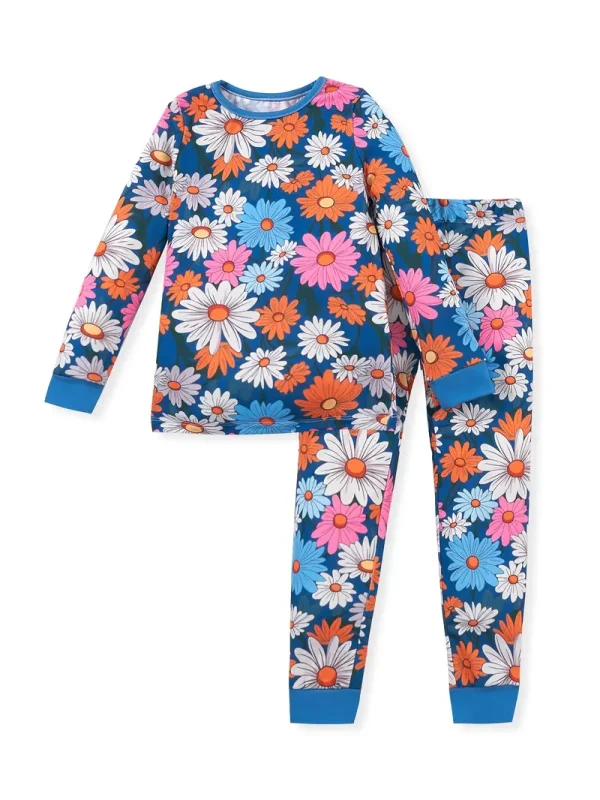 1set LULUKAKA Girls' Floral Print Pajama Set, Casual Round Neck Long Sleeve and Tights with Hand-Painted Daisy Pattern, Knitted Polyester and Spandex Blend, All-Season Comfort.
