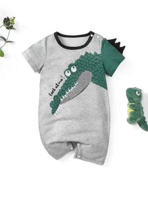 LULUKAKA Baby Boy'S Casual Crocodile Print Romper, Cute Animal Pattern, Polyester Knit Fabric, Regular Fit, for Newborn to 12 Months Old, for Outdoor