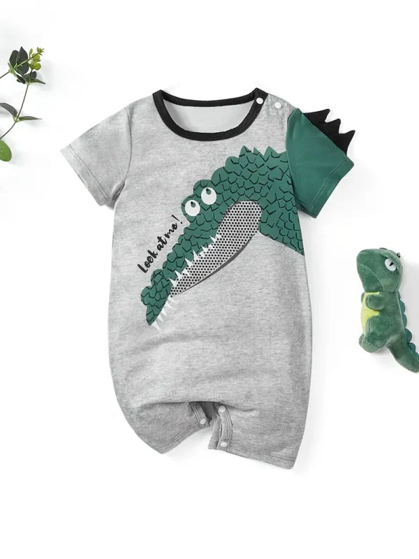 LULUKAKA Baby Boy'S Casual Crocodile Print Romper, Cute Animal Pattern, Polyester Knit Fabric, Regular Fit, for Newborn to 12 Months Old, for Outdoor