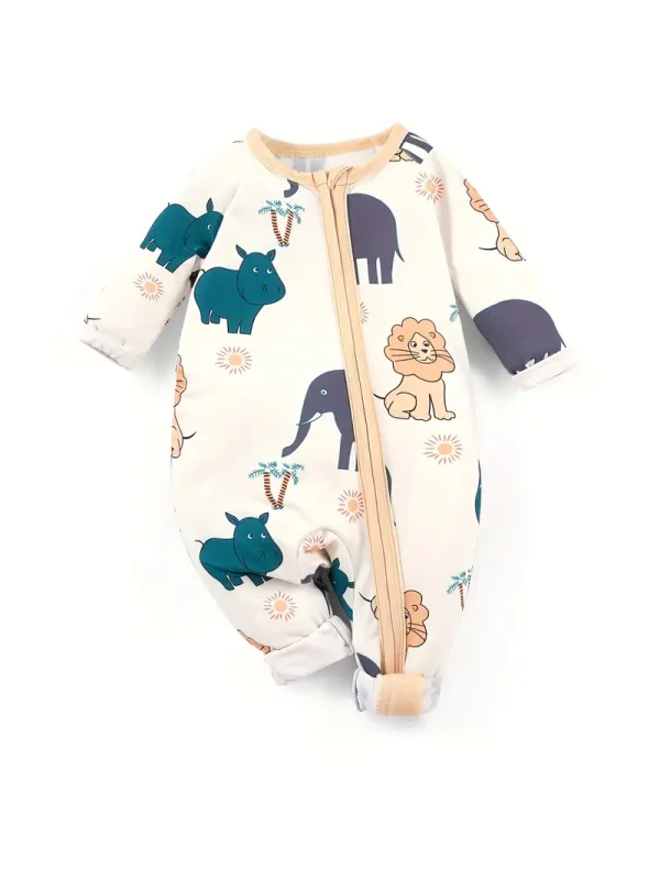 LULUKAKA Baby Romper with Cute Animal Print - Soft Polyester & Spandex Blend, Zip-Up Long Sleeve Onesie for Boys & Girls, Machine Washable, All-Season Comfort Fit, Perfect for Outdoor