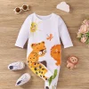 1pc LULUKAKA Baby Girls Long Sleeve Cartoon Animal and Sun Print Romper, Soft Stretch Polyester Knit Onesie for Newborns and Infants, Cute Regular Fit All-Season Outfit, for Outdoor