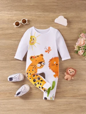 1pc LULUKAKA Baby Girls Long Sleeve Cartoon Animal and Sun Print Romper, Soft Stretch Polyester Knit Onesie for Newborns and Infants, Cute Regular Fit All-Season Outfit, for Outdoor