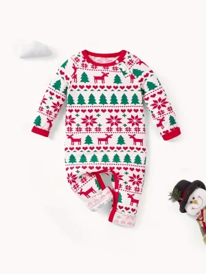 1pc LULUKAKA Newborn Christmas Long Sleeve Onesie, Festive Reindeer Snowflake Tree Print, Casual Polyester Knit Fabric with Slight Stretch, Unisex Baby Romper for Fall/Winter, for Outdoor