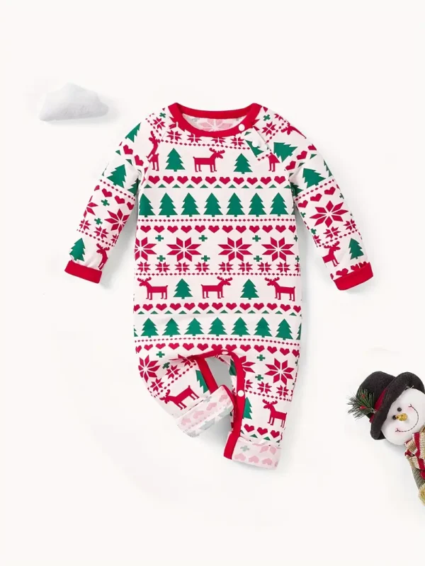 1pc LULUKAKA Newborn Christmas Long Sleeve Onesie, Festive Reindeer Snowflake Tree Print, Casual Polyester Knit Fabric with Slight Stretch, Unisex Baby Romper for Fall/Winter, for Outdoor