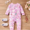 LULUKAKA Adorable Cartoon Animal Print Long-Sleeve Romper for Baby Girls - Soft Polyester Blend, Machine Washable, Perfect for Outdoor
