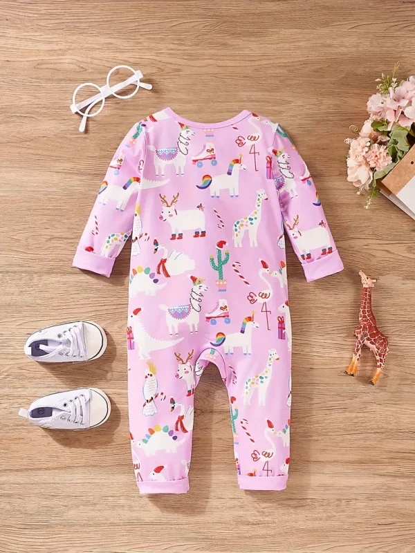 LULUKAKA Adorable Cartoon Animal Print Long-Sleeve Romper for Baby Girls - Soft Polyester Blend, Machine Washable, Perfect for Outdoor