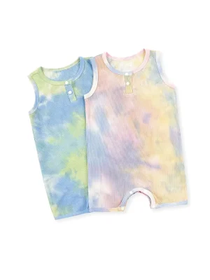 2pcs LULUKAKA Baby Girls' Rib Knit Romper, Casual Tie-Dye Onesie, All-Season Stretch Fabric, Regular Fit, with Knit Fabric for Newborn to 12 Months, for Outdoor