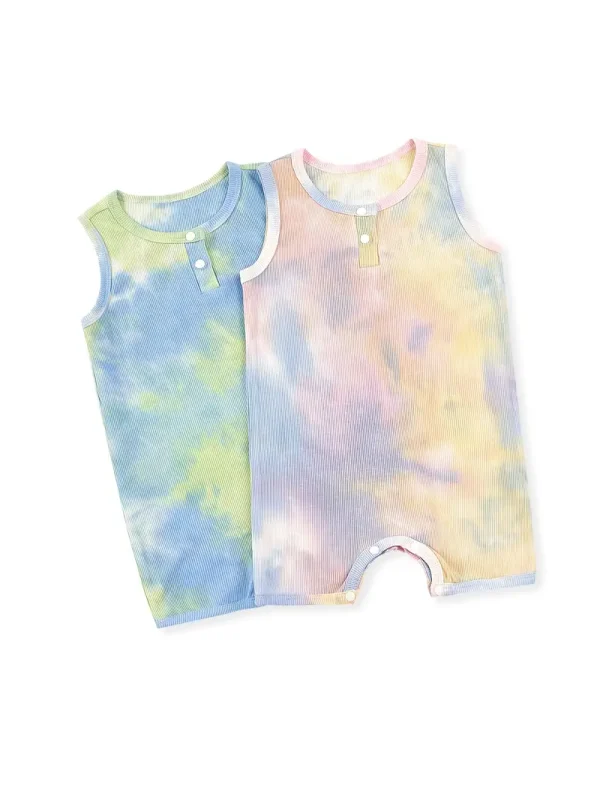 2pcs LULUKAKA Baby Girls' Rib Knit Romper, Casual Tie-Dye Onesie, All-Season Stretch Fabric, Regular Fit, with Knit Fabric for Newborn to 12 Months, for Outdoor