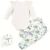 Two-piece LULUKAKA Newborn Baby Set with Squirrel Print Pattern, Ruffle Long Sleeve White Romper and Full Leaf Print Long Pants, Newborn Baby Girl Set, Perfect for Outdoor