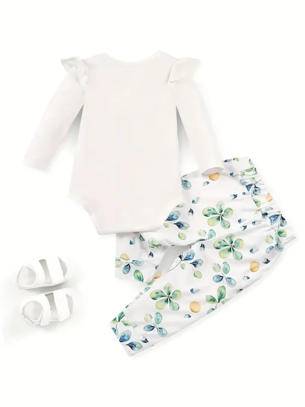 Two-piece LULUKAKA Newborn Baby Set with Squirrel Print Pattern, Ruffle Long Sleeve White Romper and Full Leaf Print Long Pants, Newborn Baby Girl Set, Perfect for Outdoor