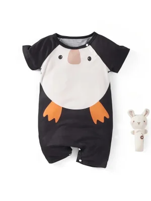 1pc LULUKAKA Baby Boys' Casual Penguin Print Romper, Cute Animal Pattern, Polyester 95% Spandex 5% Knit Fabric, Regular Fit, Spring/Summer Infant Bodysuit Shorts, for Outdoor
